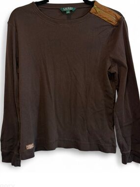 Lauren Ralph Lauren XL Brown Long Sleeve Top Suede Zip Shoulder Elbow Patches